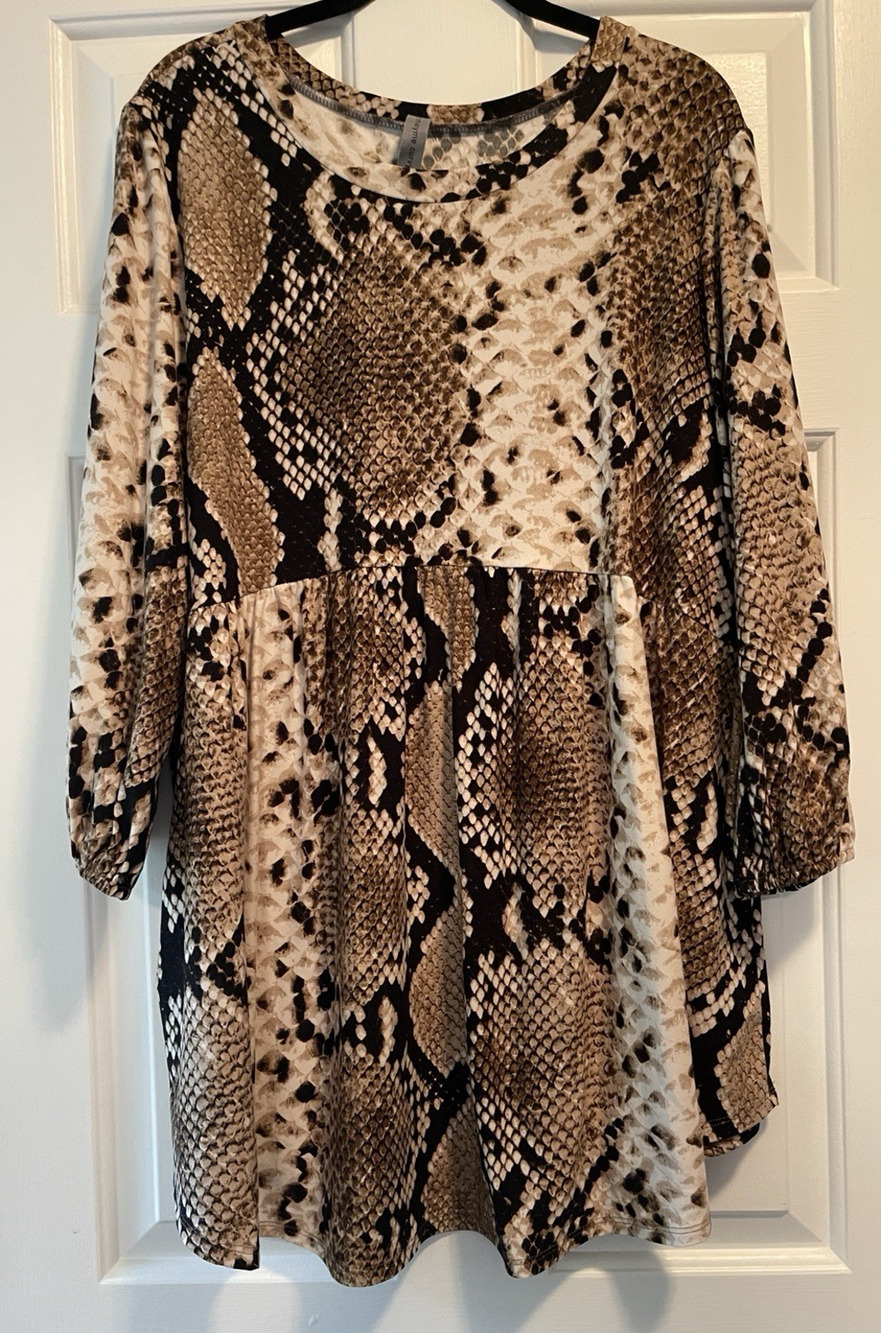 Honey Me Curvy Baby Doll Top Womens XL Brown Black Snake Skin Print Tunic